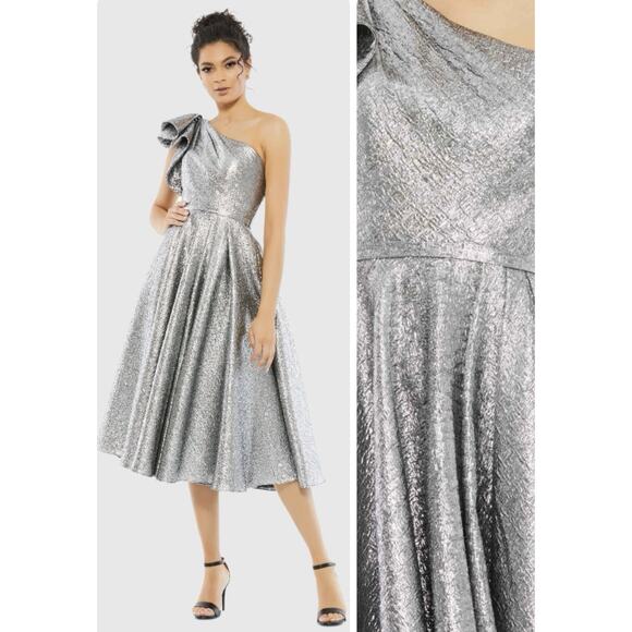 MAC DUGGAL Size 6 Brocade Dress Silver One Shoulder Bow Midi Metallic 67906 NWT - Picture 1 of 16